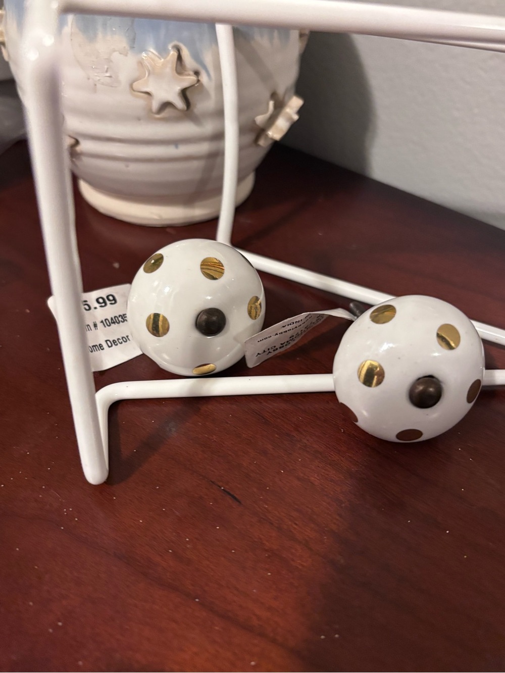 NWT White Ceramic Polka Dot Drawer Knobs with Gold Dots (Set of 2)